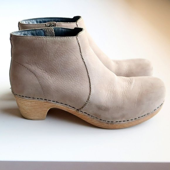 Dansko Shoes - Dansko Maria Beige Taupe Nubuck Leather Clog Heeled Ankle Boots Booties Size 7.5